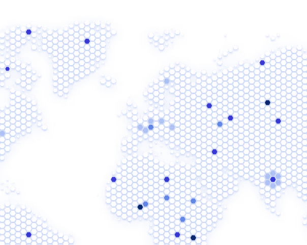 World map formed by blue hexagonal dots