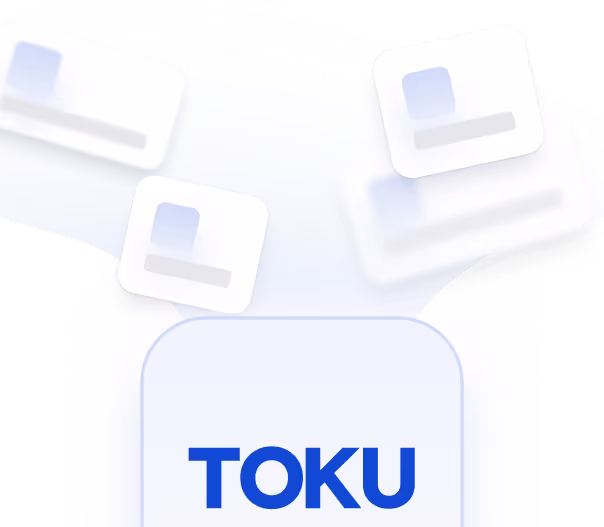 Stylized graphic showing the word TOKU in bold blue letters beneath floating abstract cards.