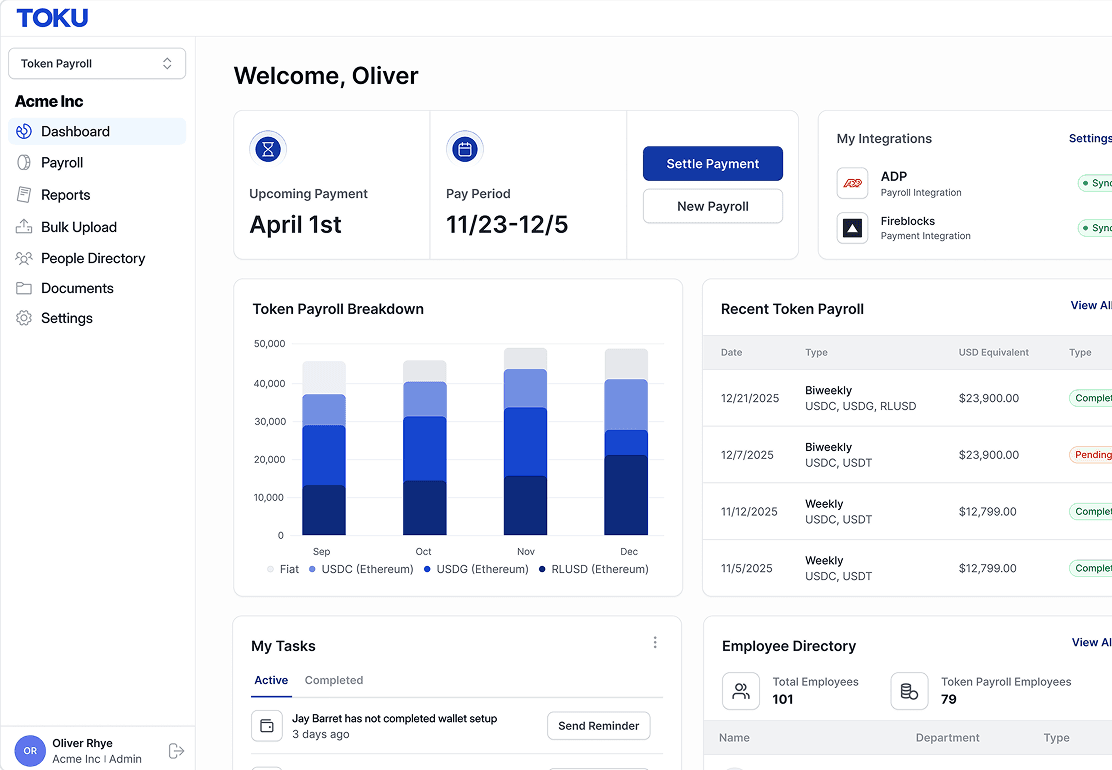 The Toku admin dashboard showing upcoming payment, pay period, token payroll breakdown and recent token payroll runs.