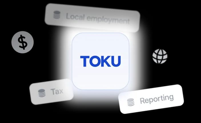 The Toku platform tile surrounded by floating local employment, tax and reporting chips.
