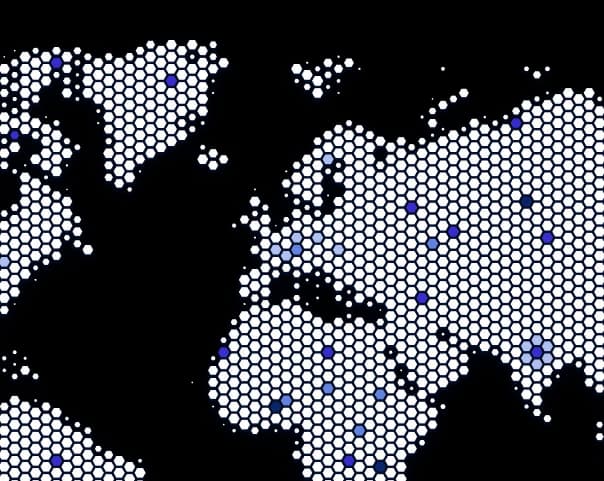 Stylized world map formed by blue hexagonal dots with varying shades indicating different areas.